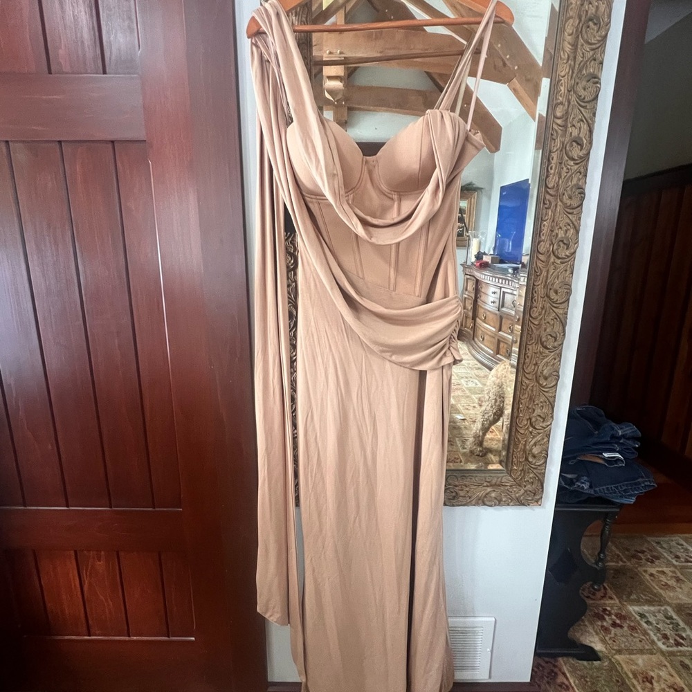 JLUXLABEL One Shoulder Tan Dress